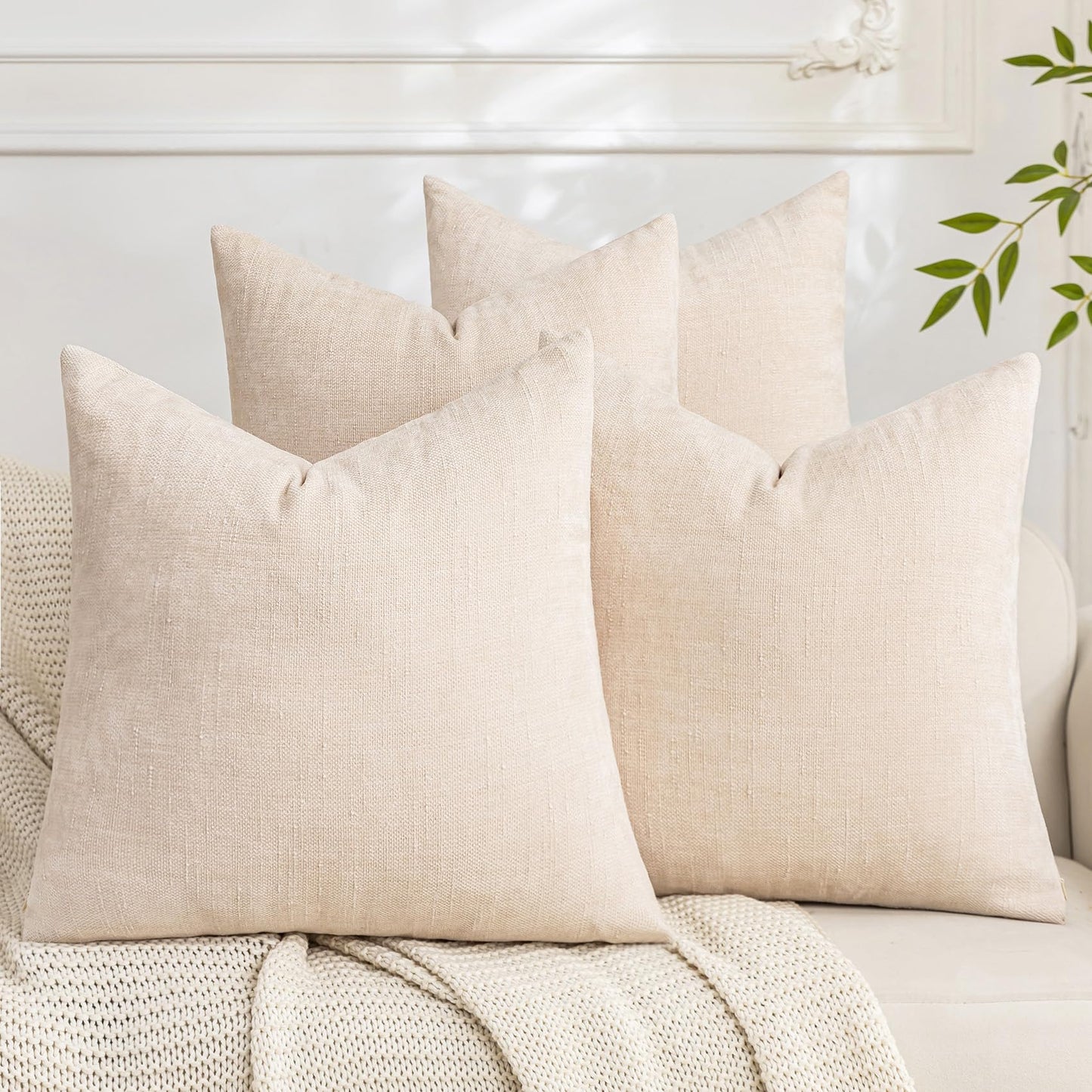 Set of 4 Soft Textured Decorative Throw Pillow Covers 24x24 Inch Cozy Farmhouse Cushion Cover Square Accent Pillow Cases for Bed Couch Sofa Living Room, Neutral