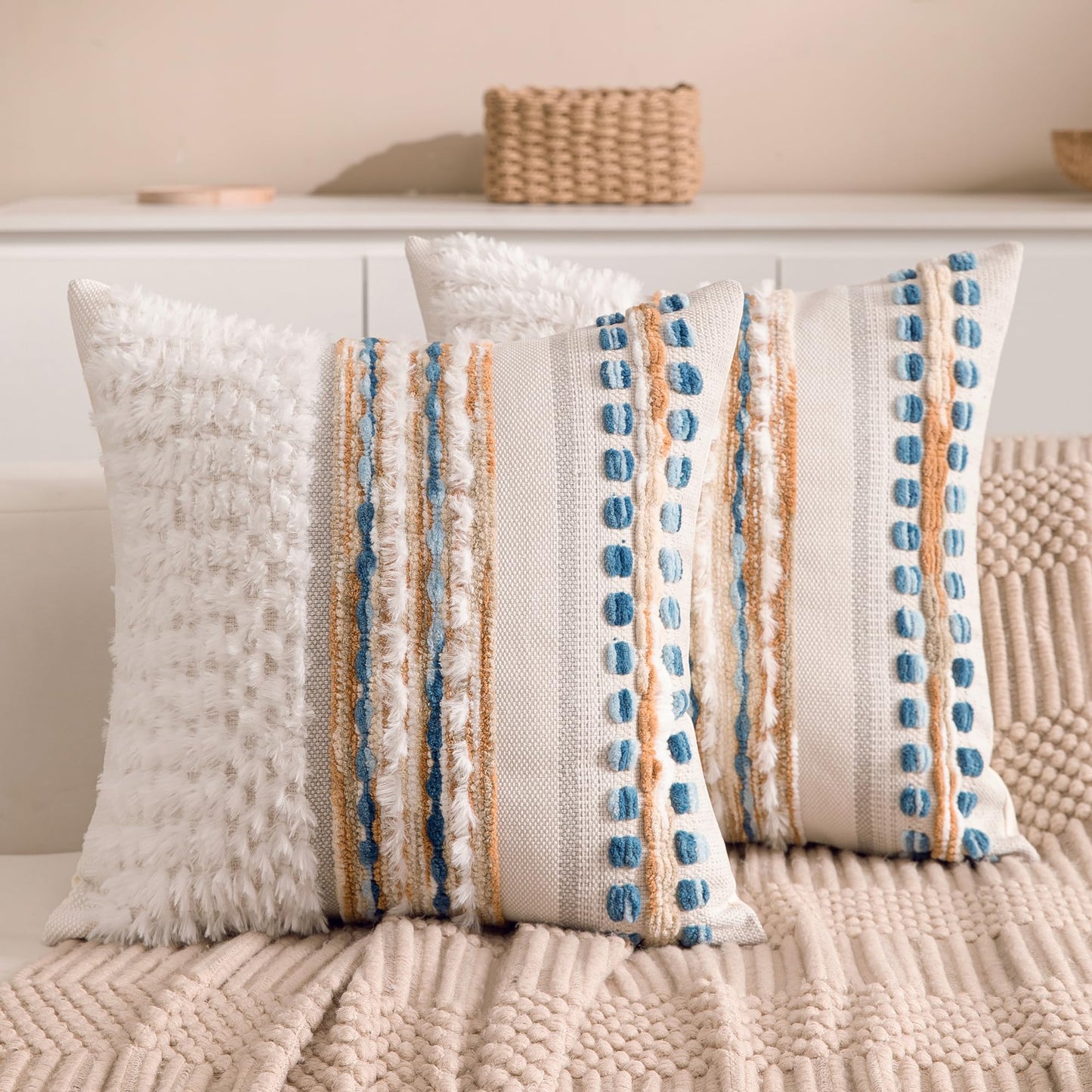 Boho Farmhouse Striped Neutral Decorative Throw Pillow Covers Set of 2