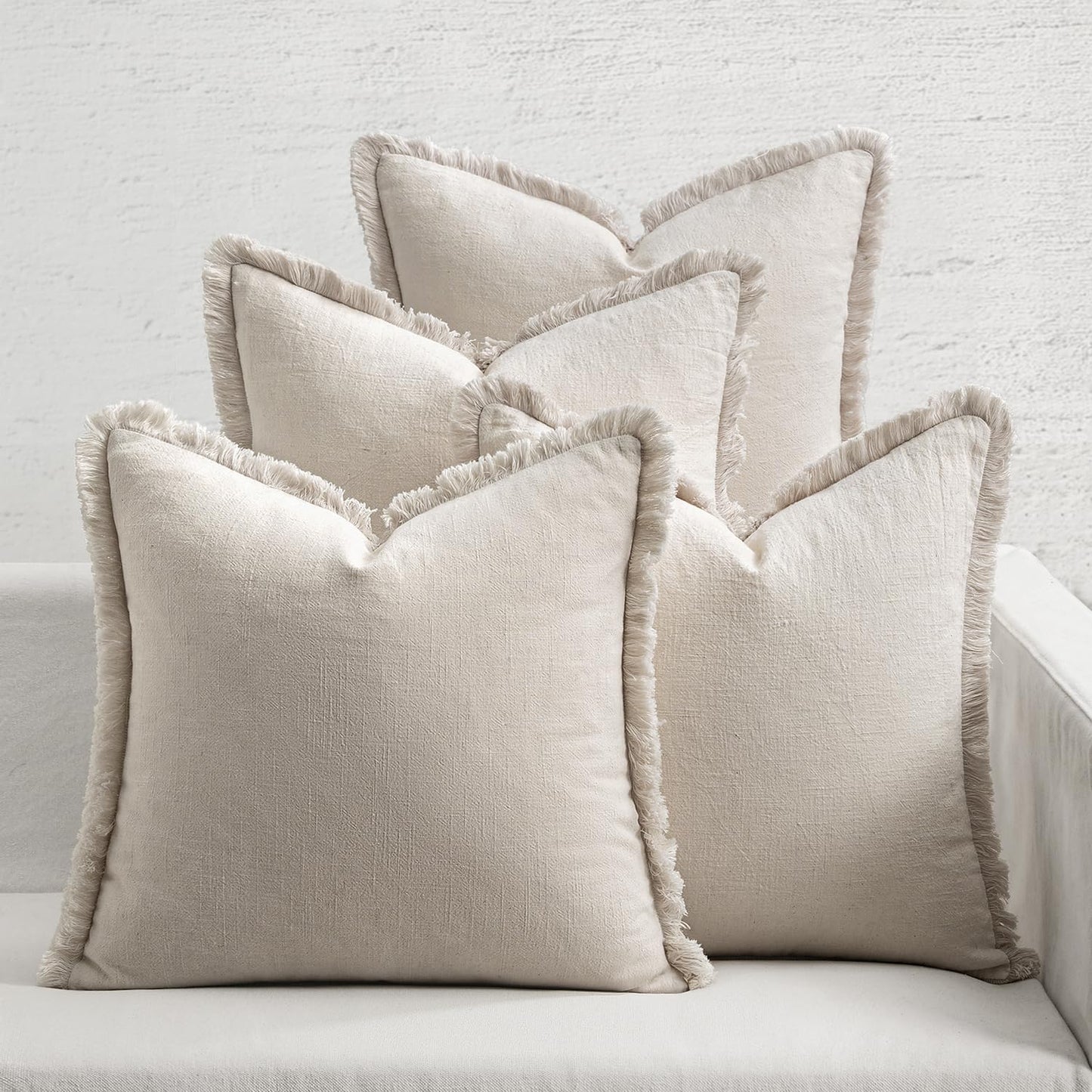 MIULEE Decorative Couch Pillow Covers Neutral Linen Fringe Throw Pillows Set of 4 Soft Rustic Cushions Boho Farmhouse Pillowcases for Bed Sofa Living Room Spring Decor 18x18 Inch Beige/Brown/Green