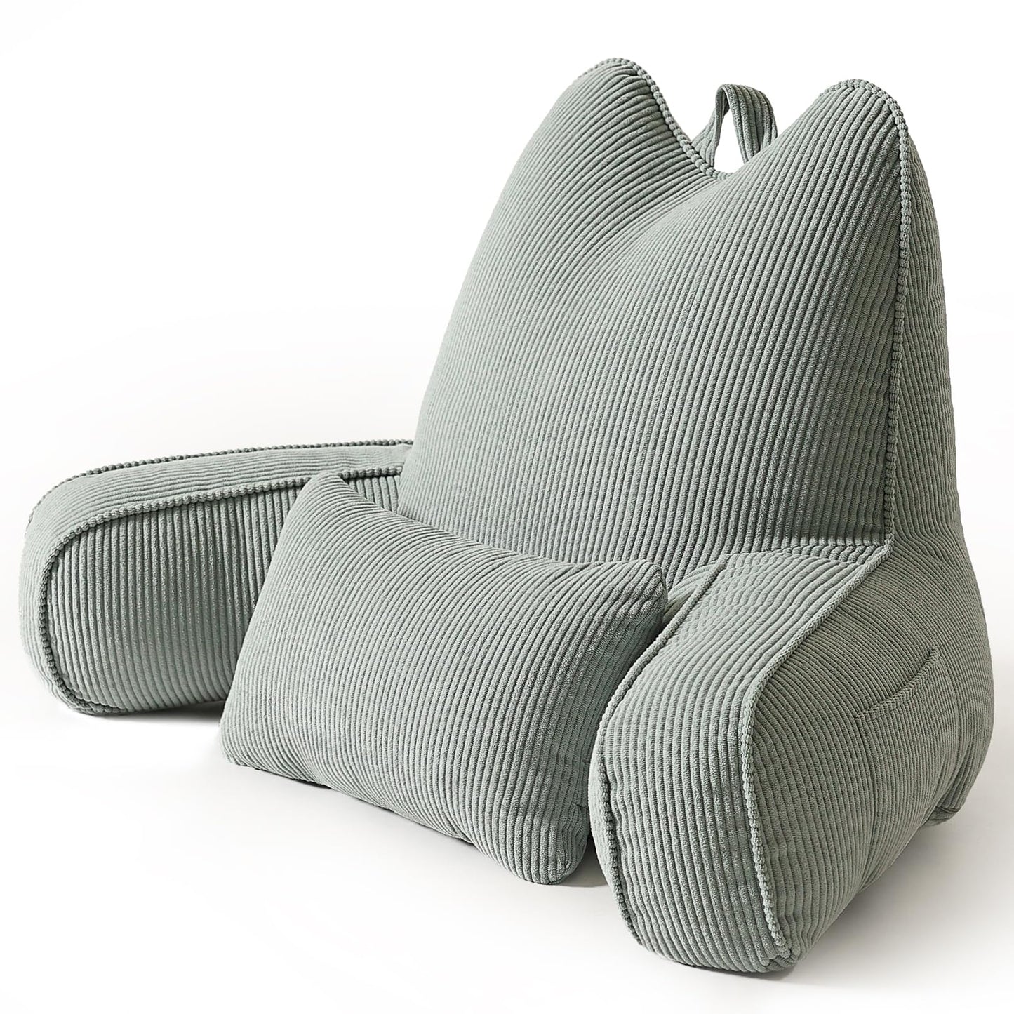 Patented Design Reading Pillow with Arms for Sitting Up, 2-in-1 Bed Rest Pillow with Detachable Lumbar Support, Backrest Support Cushion for Couch with Side Pockets & Handle, Beige Gray