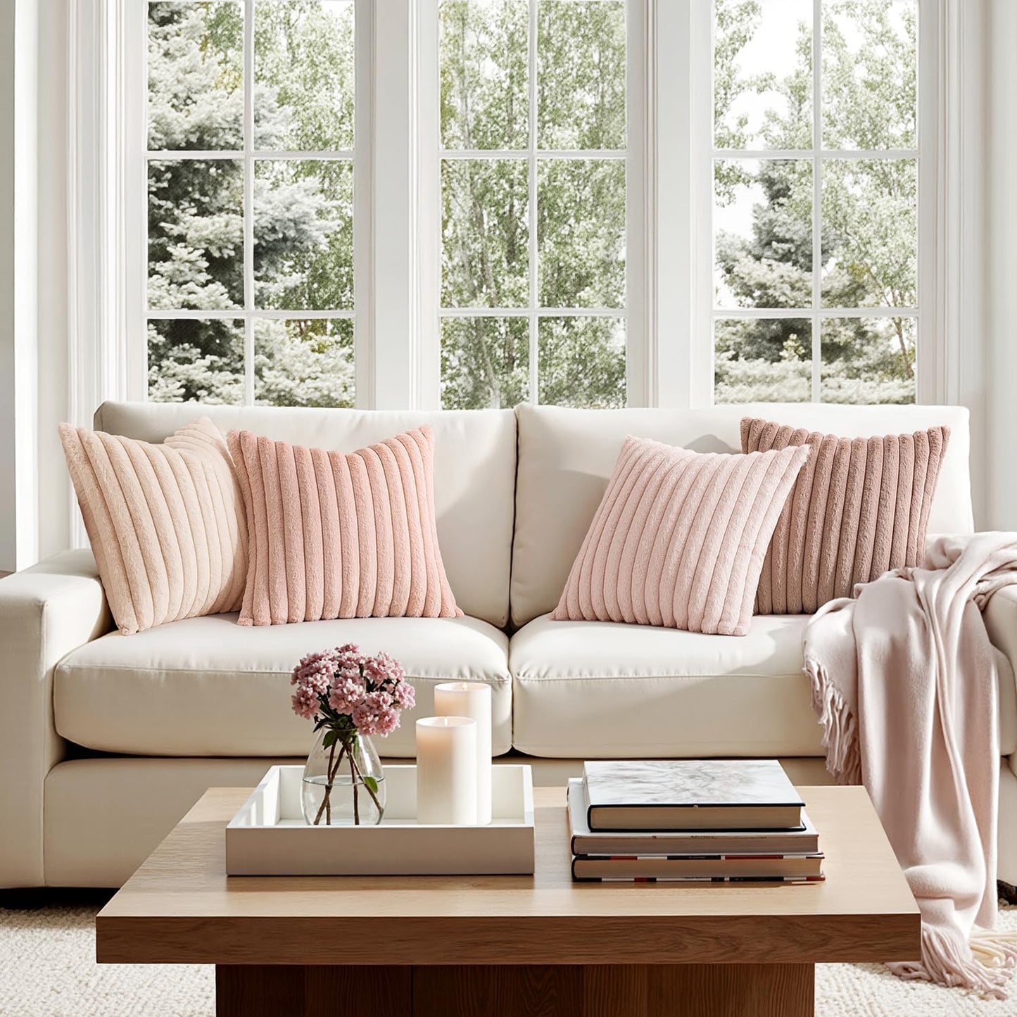 MIULEE Faux Fur Plush Decorative Throw Pillow Covers 18x18 Set of 4, Valentine's Day Cute Modern Soft Romantic Fuzzy Striped Cushion Covers for Sofa Couch Bed Living Room Cozy Home Decor,Pink
