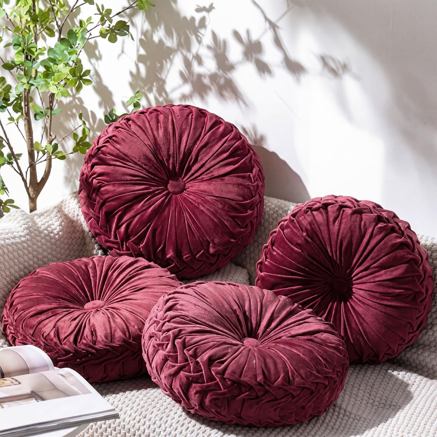 Kathfly Decorative Round Pleated Throw Pillows, Classy Velvet Pumpkin Round Throw Pillows, Decorative Floor Pillow for Bed Chair Home Sofa Decor, 14" Diameter(Orange, Yellow, Pink, Green,4 Pcs)
