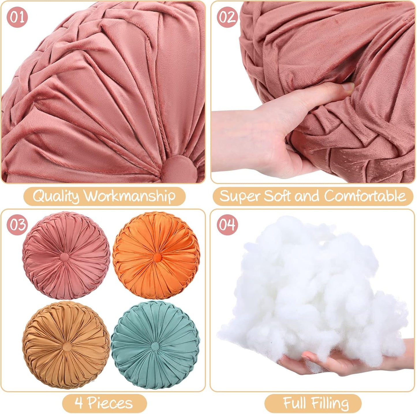 Kathfly Decorative Round Pleated Throw Pillows, Classy Velvet Pumpkin Round Throw Pillows, Decorative Floor Pillow for Bed Chair Home Sofa Decor, 14" Diameter(Orange, Yellow, Pink, Green,4 Pcs)