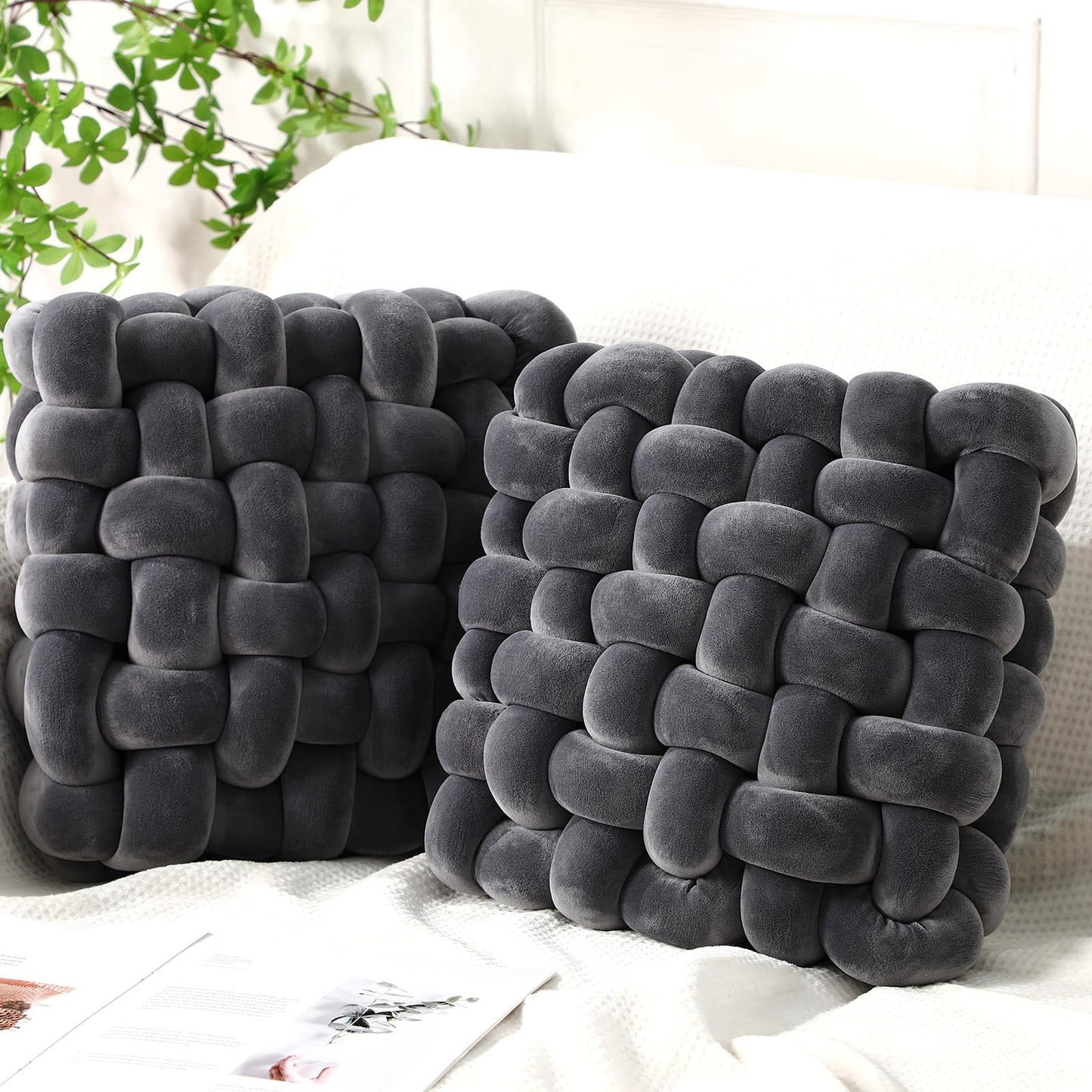 Wenqik 2 Pcs Knot Pillows Square Knotted Plush Throws Soft Accent Pillows Decoration Cushion for Couch Home Office Living Room Bedroom Bed Sofa Decor, 12'' x 13''(Caramel,Crystal Velvet)