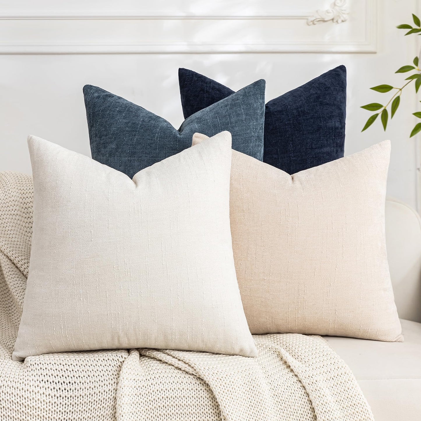 Set of 4 Soft Textured Decorative Throw Pillow Covers 24x24 Inch Cozy Farmhouse Cushion Cover Square Accent Pillow Cases for Bed Couch Sofa Living Room, Neutral