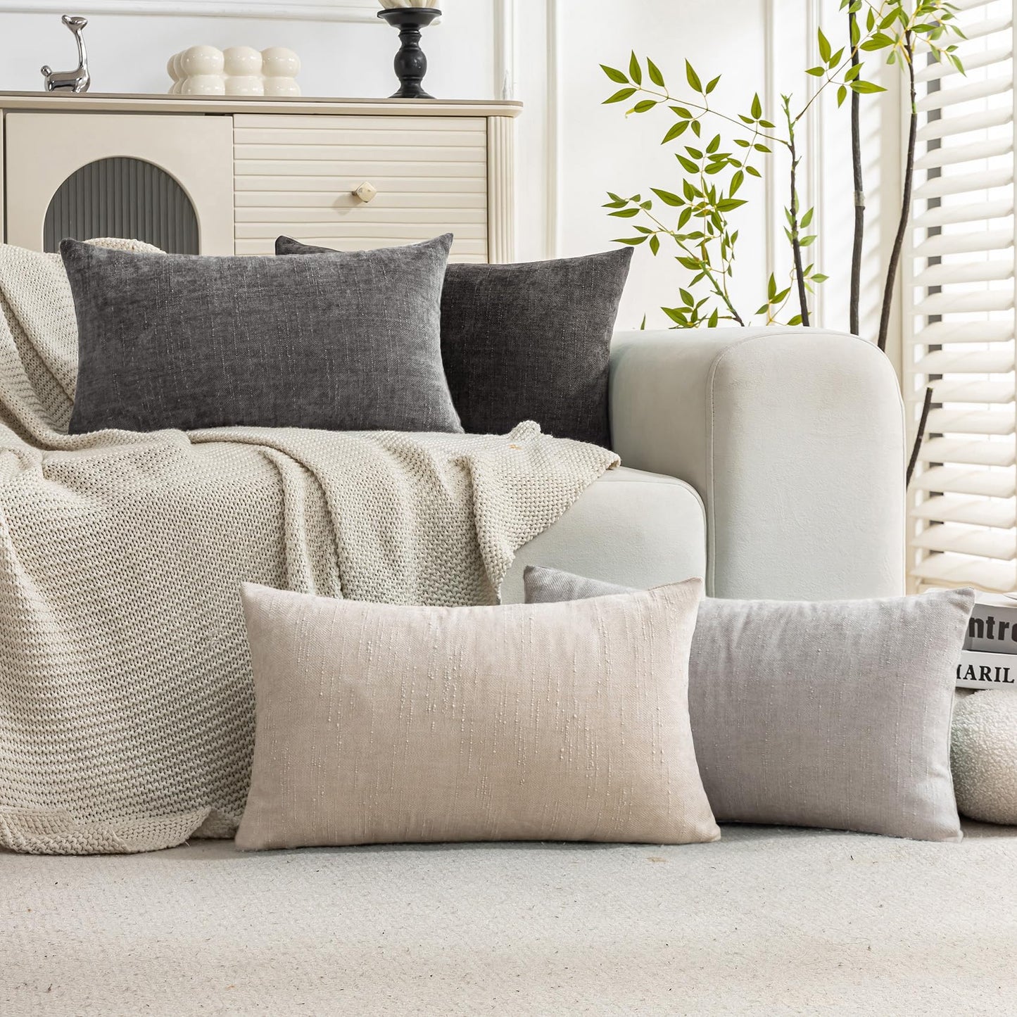 Set of 4 Soft Textured Decorative Throw Pillow Covers 24x24 Inch Cozy Farmhouse Cushion Cover Square Accent Pillow Cases for Bed Couch Sofa Living Room, Neutral