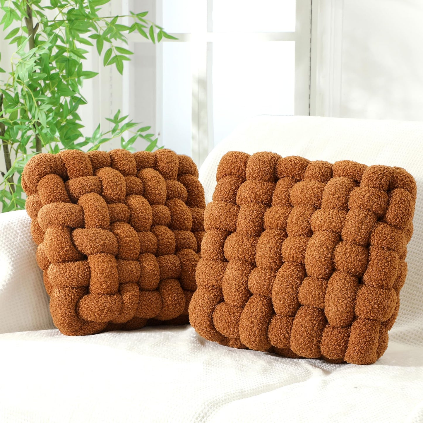 Wenqik 2 Pcs Knot Pillows Square Knotted Plush Throws Soft Accent Pillows Decoration Cushion for Couch Home Office Living Room Bedroom Bed Sofa Decor, 12'' x 13''(Caramel,Crystal Velvet)