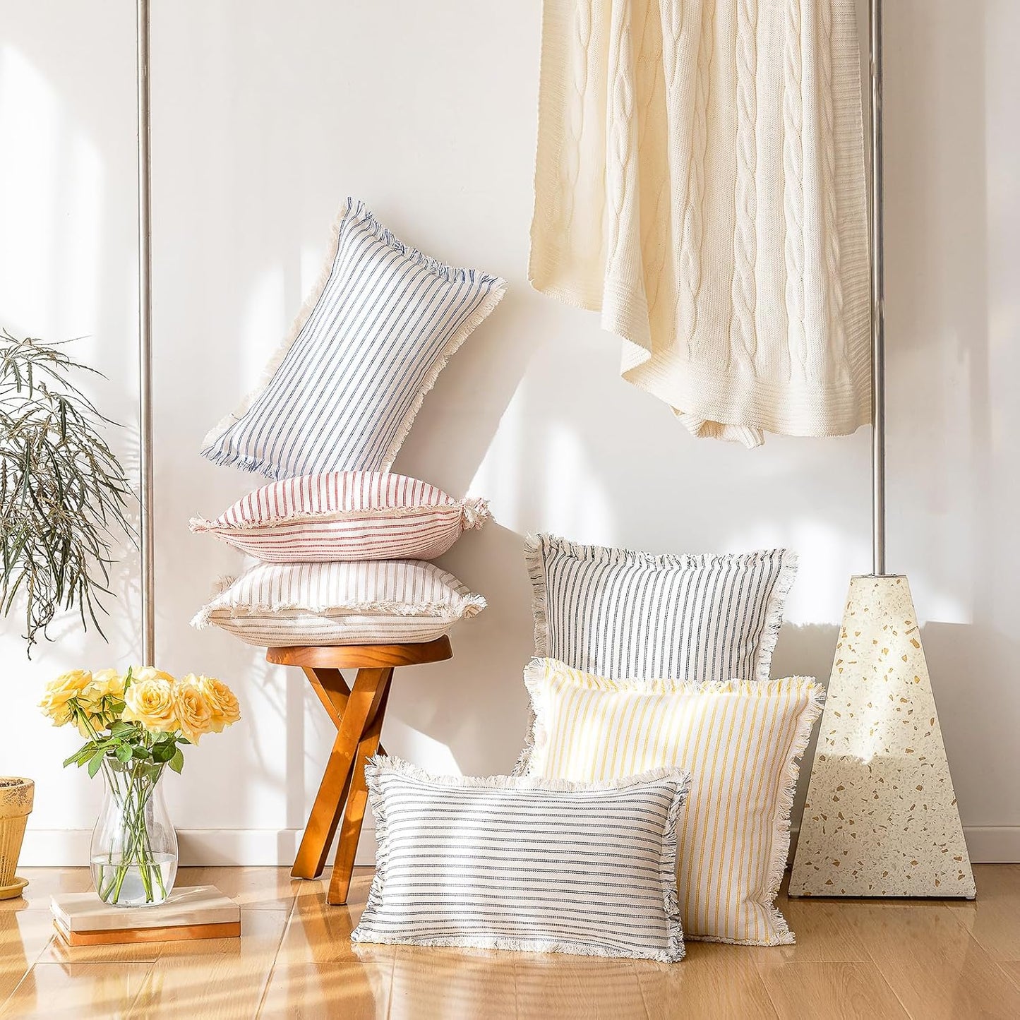 YEENAASY Throw Pillow Covers 22x22 Set of 2 Striped Fringe Pillow Cover Farmhouse Cushion Covers with Tassel Neutral Boho Pillows Decorative Square Pillowcase for Couch Sofa Bed, Khaki