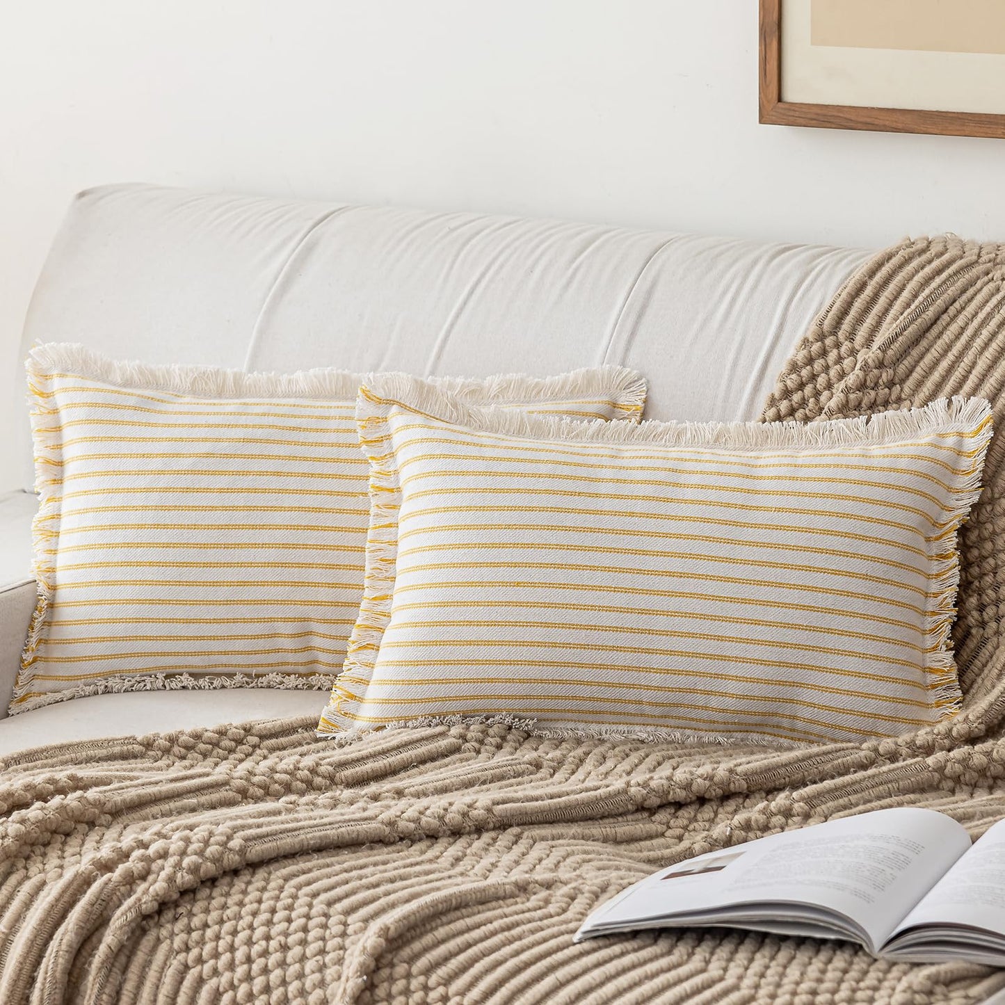 YEENAASY Throw Pillow Covers 22x22 Set of 2 Striped Fringe Pillow Cover Farmhouse Cushion Covers with Tassel Neutral Boho Pillows Decorative Square Pillowcase for Couch Sofa Bed, Khaki