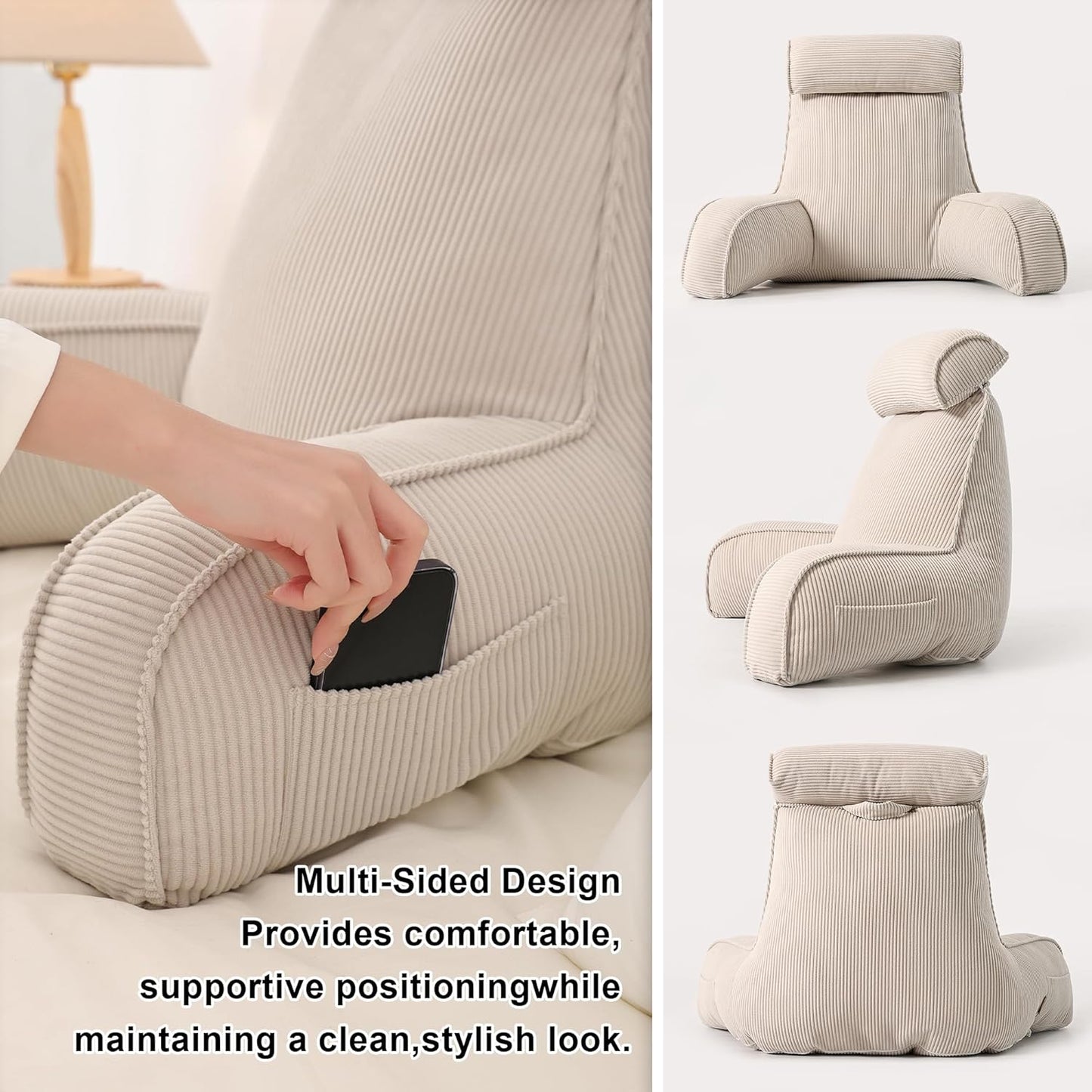 Reading Pillow for Sitting Up in Bed, Corduroy Backrest Pillow with Arms, Side Pocket & Washable Cover, Bed Rest Pillow Back Support for Adults, Beige Gray