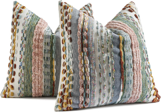 AmHoo Set of 2 Chenille Tufted Striped Textured Boho Throw Pillow Covers Aesthetic Woven Decorative Pillow Case for Couch Bed Sofa Bedroom Modern Funky 18 x 18-Inch Multicolor