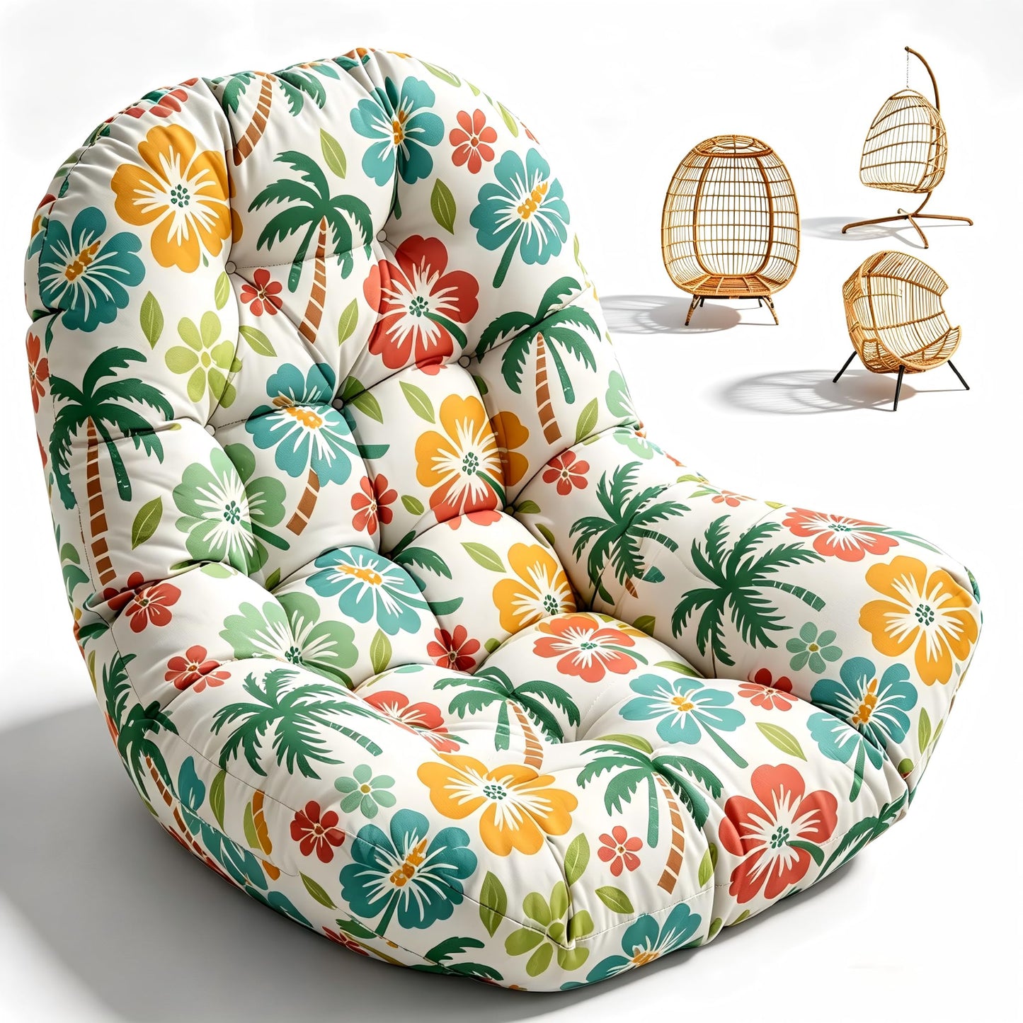 Waterproof Egg Chair Cushion Replacement Outdoor Hanging Egg Couch Cushion 47x35x7 Inches Thicken Chair Cushions with Ties, Blue Leaf