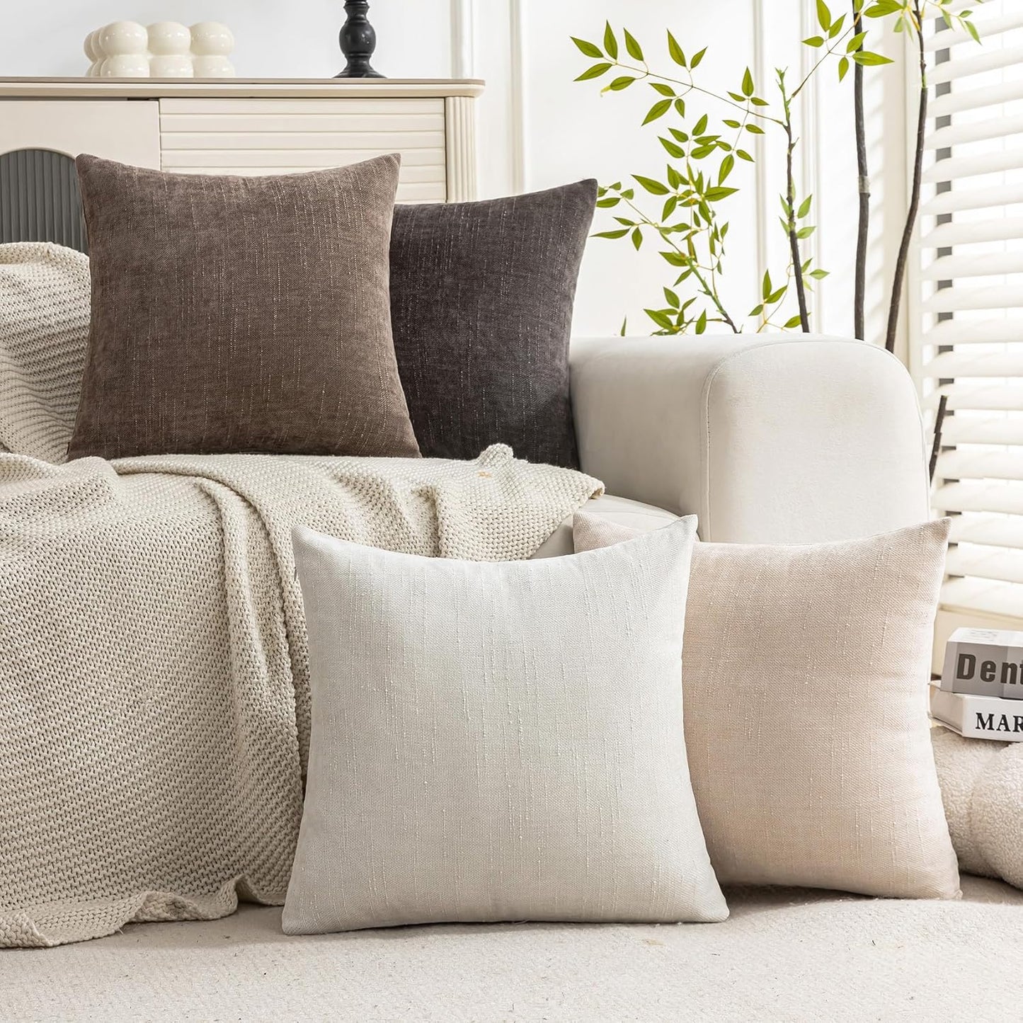 Set of 4 Soft Textured Decorative Throw Pillow Covers 24x24 Inch Cozy Farmhouse Cushion Cover Square Accent Pillow Cases for Bed Couch Sofa Living Room, Neutral