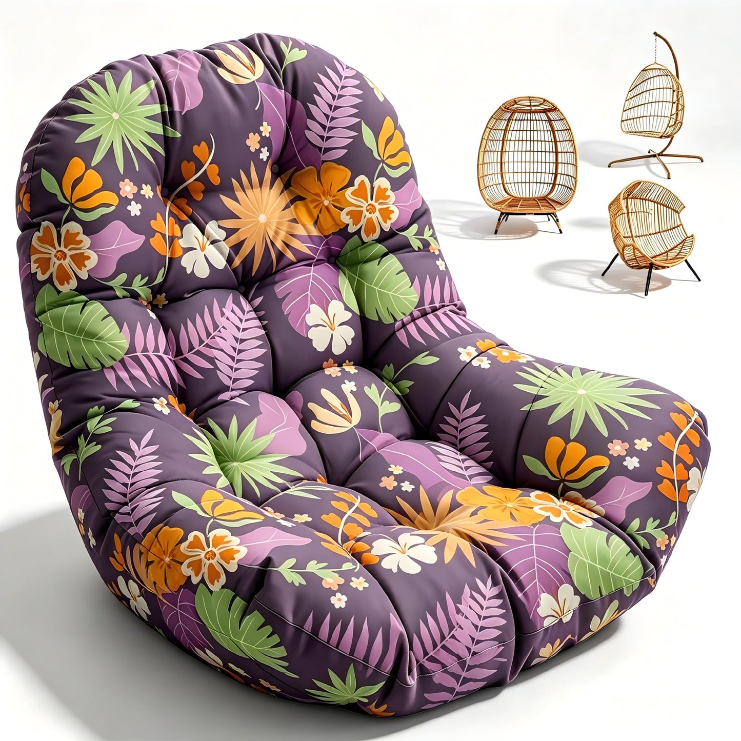 Waterproof Egg Chair Cushion Replacement Outdoor Hanging Egg Couch Cushion 47x35x7 Inches Thicken Chair Cushions with Ties, Blue Leaf