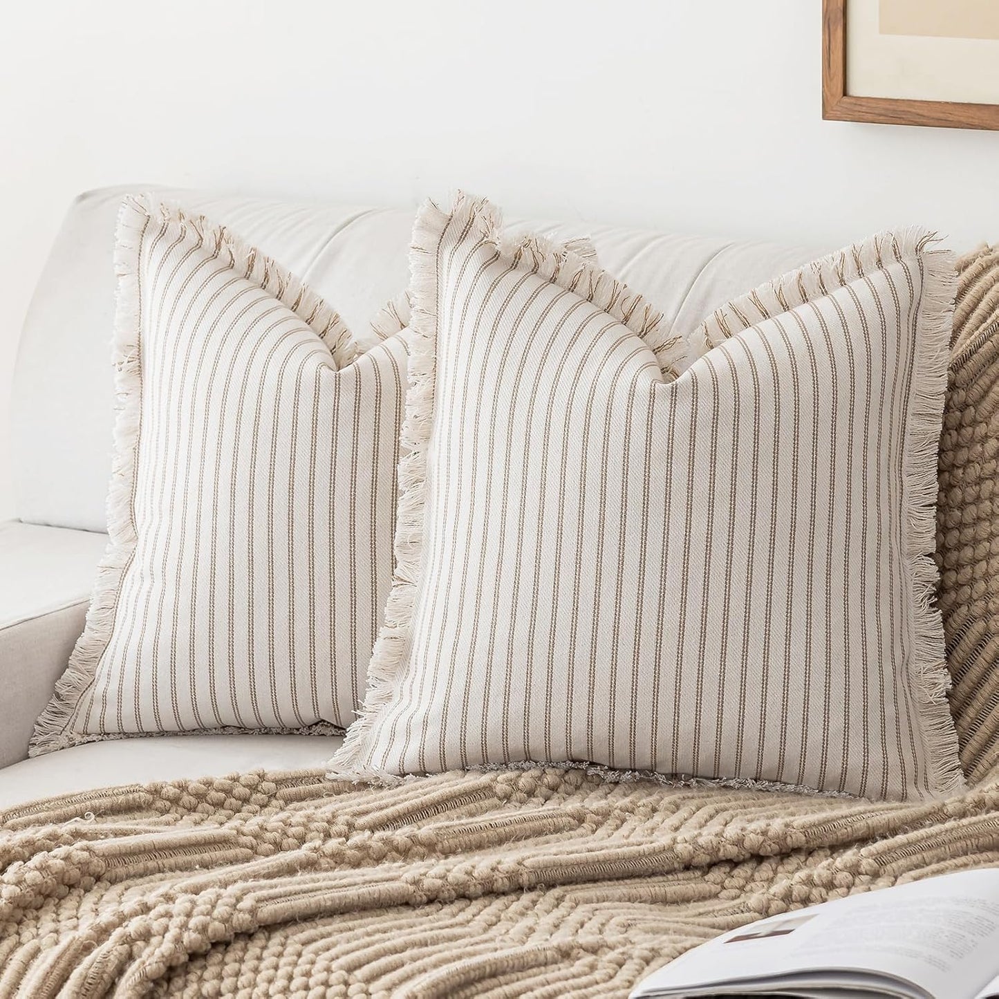 YEENAASY Throw Pillow Covers 22x22 Set of 2 Striped Fringe Pillow Cover Farmhouse Cushion Covers with Tassel Neutral Boho Pillows Decorative Square Pillowcase for Couch Sofa Bed, Khaki