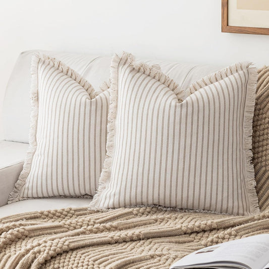 YEENAASY Throw Pillow Covers 22x22 Set of 2 Striped Fringe Pillow Cover Farmhouse Cushion Covers with Tassel Neutral Boho Pillows Decorative Square Pillowcase for Couch Sofa Bed, Khaki