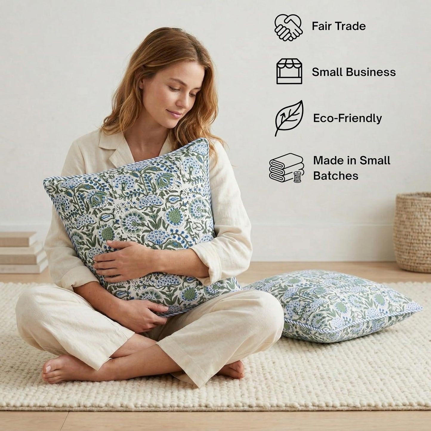 ATOSII Block Print Throw Pillow Cushion Covers, 20 X 20 - Set of 2, Decorative Couch Pillows for Living Room Bed Sofa, 100% Cotton Canvas Pillow Case for Home Decor & Outdoors - Clover Blue