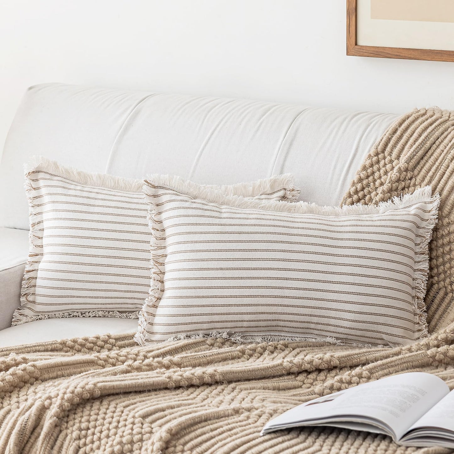 YEENAASY Throw Pillow Covers 22x22 Set of 2 Striped Fringe Pillow Cover Farmhouse Cushion Covers with Tassel Neutral Boho Pillows Decorative Square Pillowcase for Couch Sofa Bed, Khaki