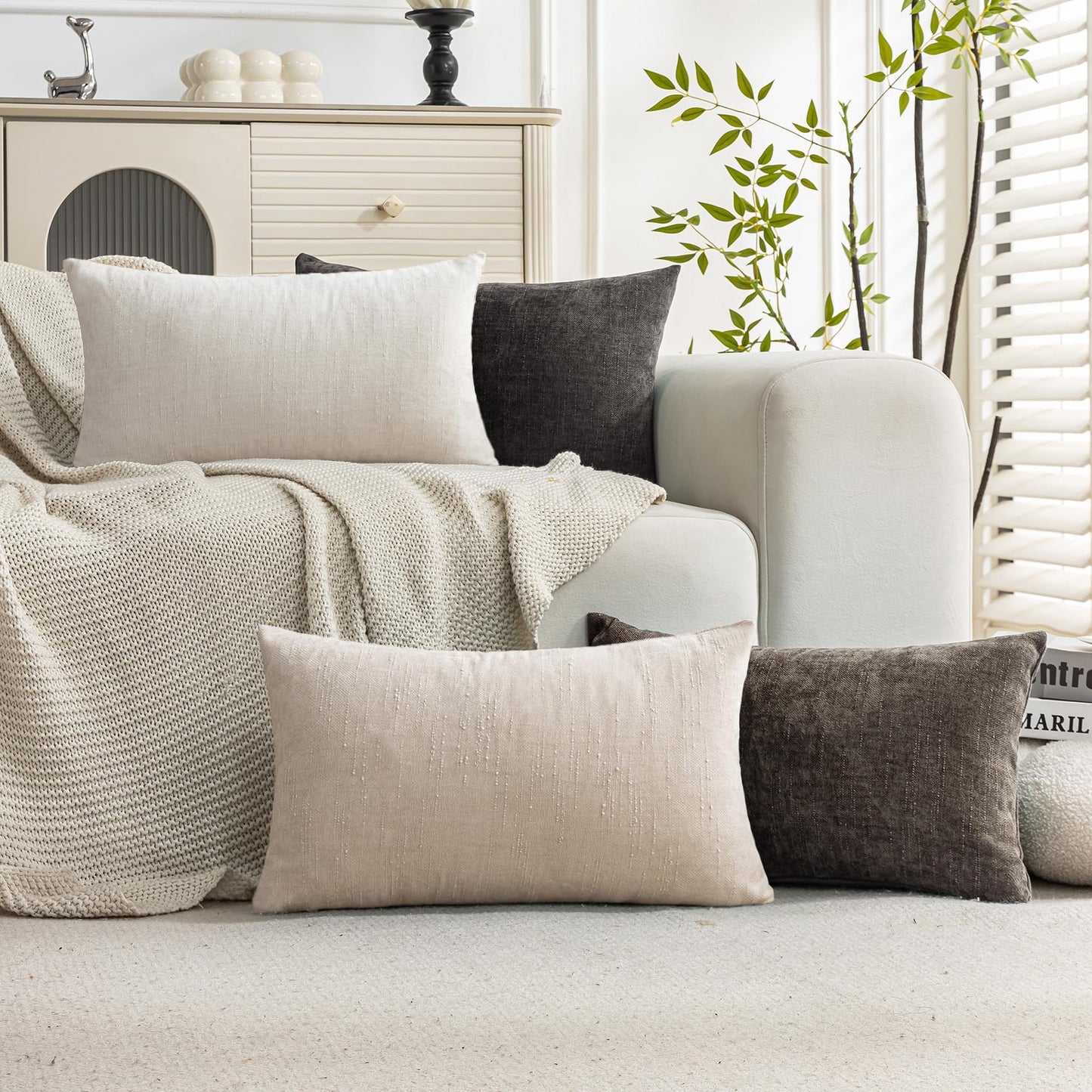 Set of 4 Soft Textured Decorative Throw Pillow Covers 24x24 Inch Cozy Farmhouse Cushion Cover Square Accent Pillow Cases for Bed Couch Sofa Living Room, Neutral
