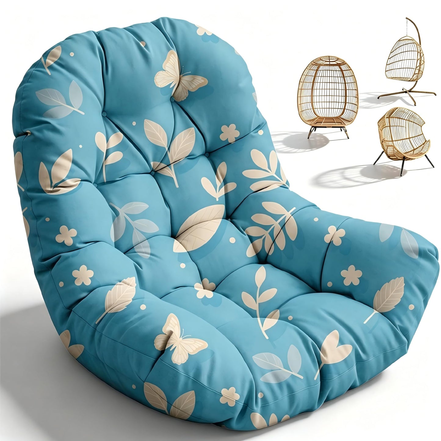 Waterproof Egg Chair Cushion Replacement Outdoor Hanging Egg Couch Cushion 47x35x7 Inches Thicken Chair Cushions with Ties, Blue Leaf