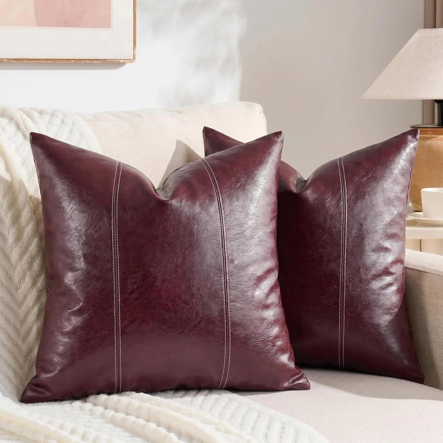 Fancy Homi 2 Packs Brown Boho Long Lumbar Faux Leather Body Decorative Throw Pillow Cover 14x36 Inch for Bedroom Couch Bed Bench, Hand Stitched Stylish Pillowcase, Rustic Modern Farmhouse Room Decor