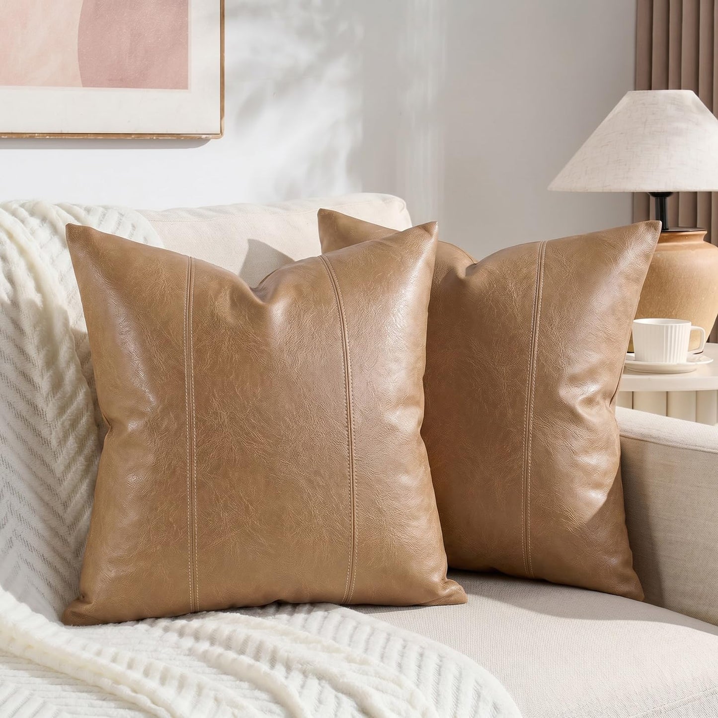 Fancy Homi 2 Packs Brown Boho Long Lumbar Faux Leather Body Decorative Throw Pillow Cover 14x36 Inch for Bedroom Couch Bed Bench, Hand Stitched Stylish Pillowcase, Rustic Modern Farmhouse Room Decor