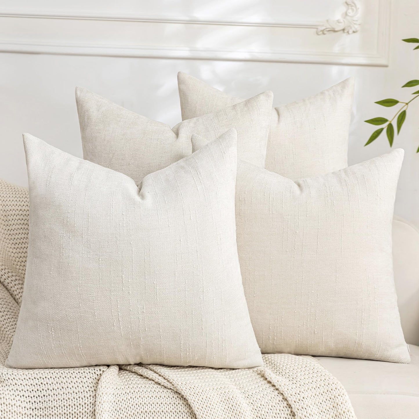 Set of 4 Soft Textured Decorative Throw Pillow Covers 24x24 Inch Cozy Farmhouse Cushion Cover Square Accent Pillow Cases for Bed Couch Sofa Living Room, Neutral