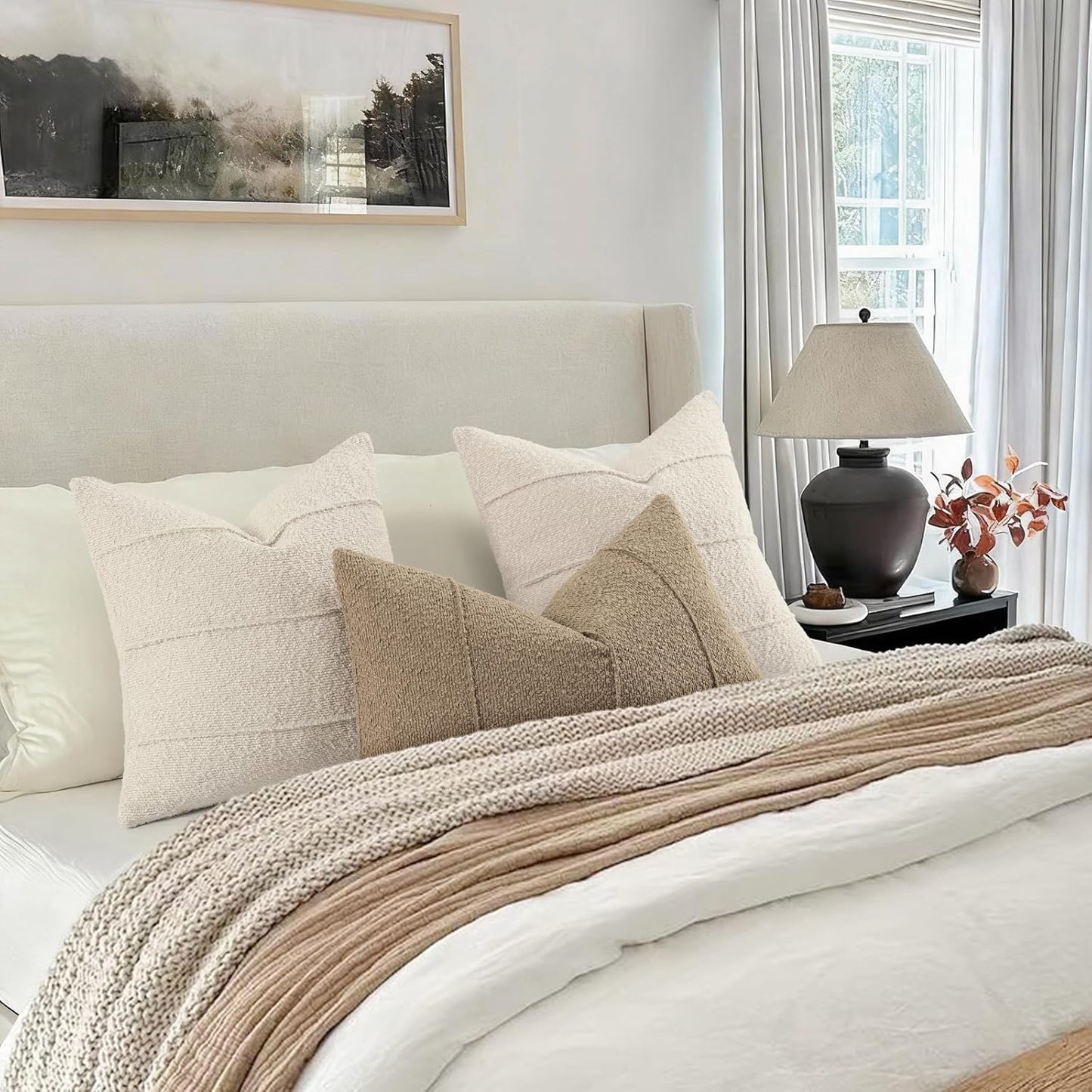 YCOLL Textured Boucle Throw Pillow Covers 24x24 Pack of 2 - Soft Neutral Striped Cushion Covers, Cozy Accent Decorative Pillow Covers for Couch, Sofa, Bed, Living Room (Beige)