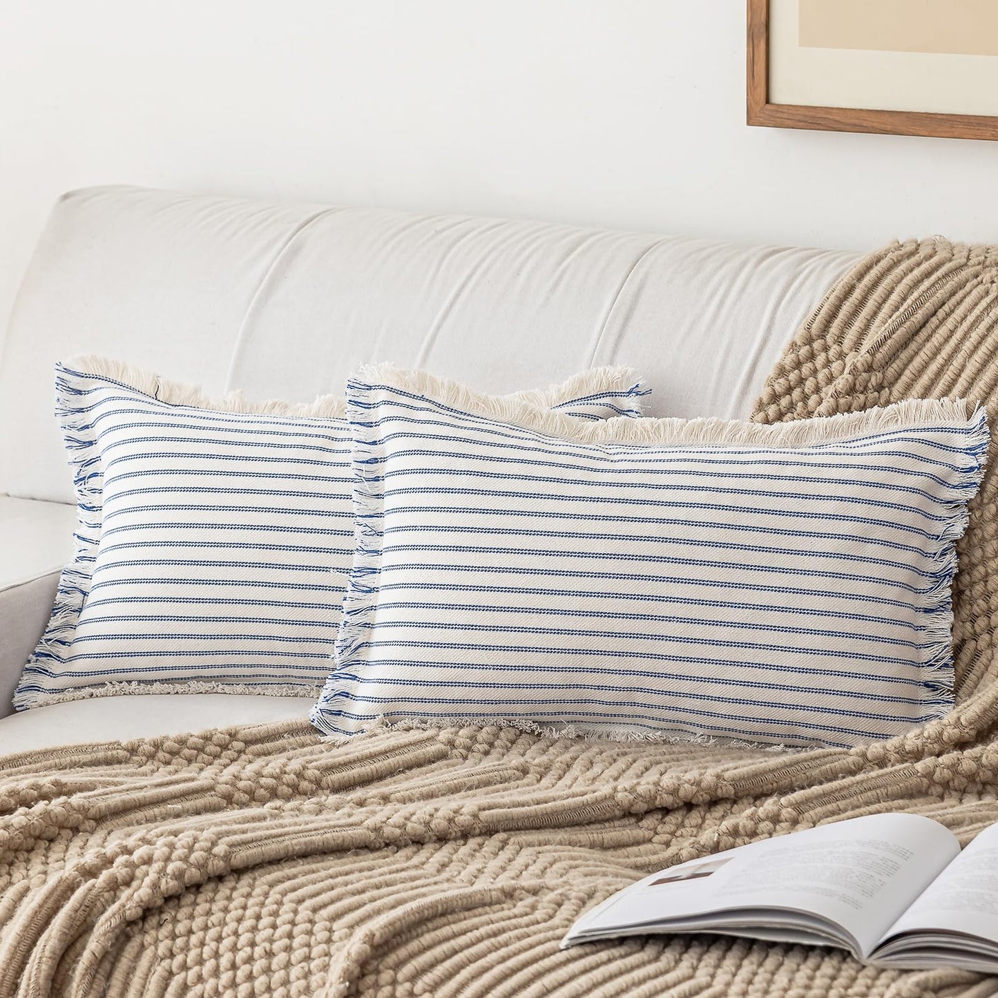 YEENAASY Throw Pillow Covers 22x22 Set of 2 Striped Fringe Pillow Cover Farmhouse Cushion Covers with Tassel Neutral Boho Pillows Decorative Square Pillowcase for Couch Sofa Bed, Khaki