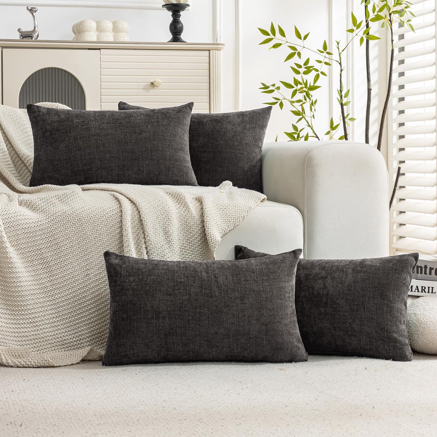 Set of 4 Soft Textured Decorative Throw Pillow Covers 24x24 Inch Cozy Farmhouse Cushion Cover Square Accent Pillow Cases for Bed Couch Sofa Living Room, Neutral