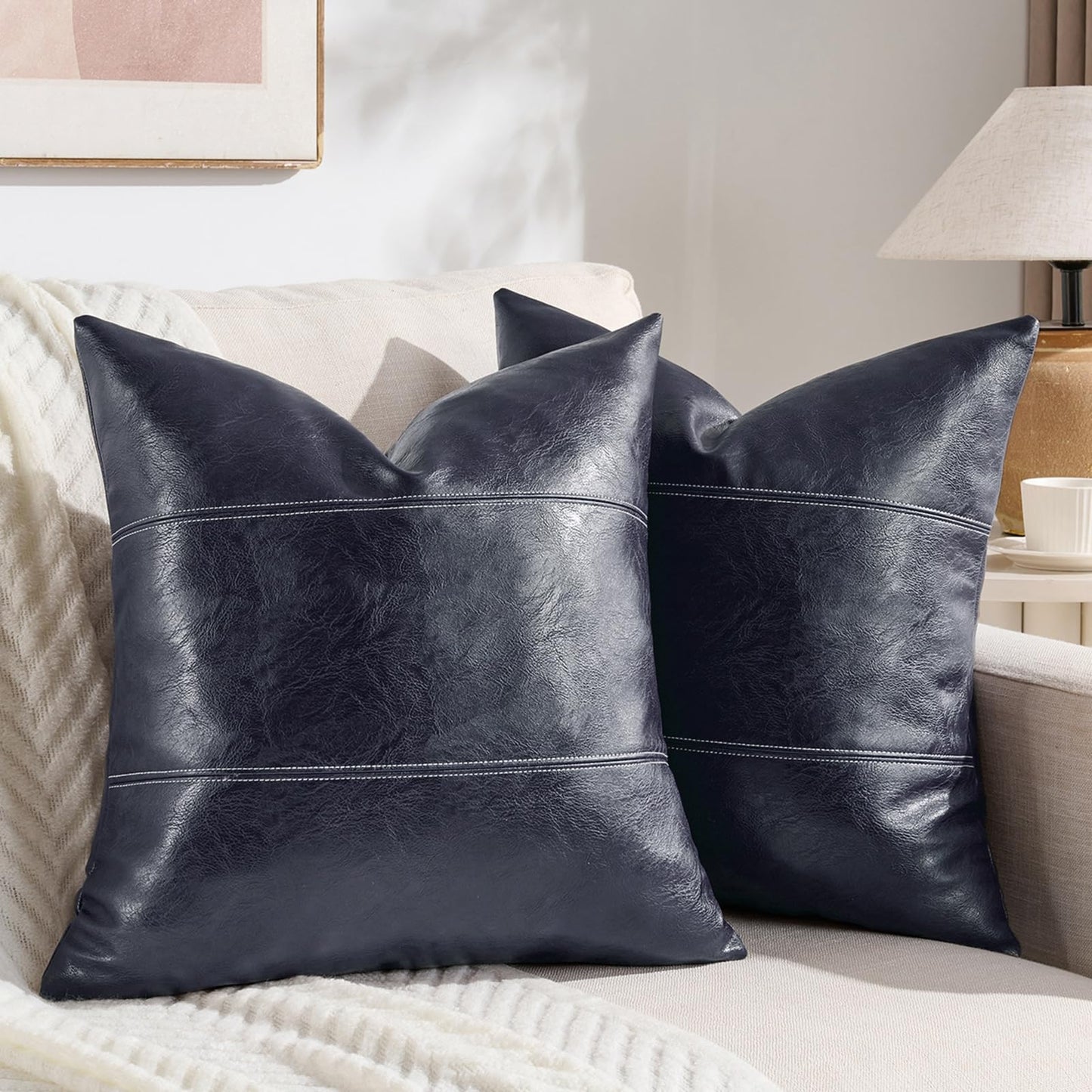Fancy Homi 2 Packs Brown Boho Long Lumbar Faux Leather Body Decorative Throw Pillow Cover 14x36 Inch for Bedroom Couch Bed Bench, Hand Stitched Stylish Pillowcase, Rustic Modern Farmhouse Room Decor