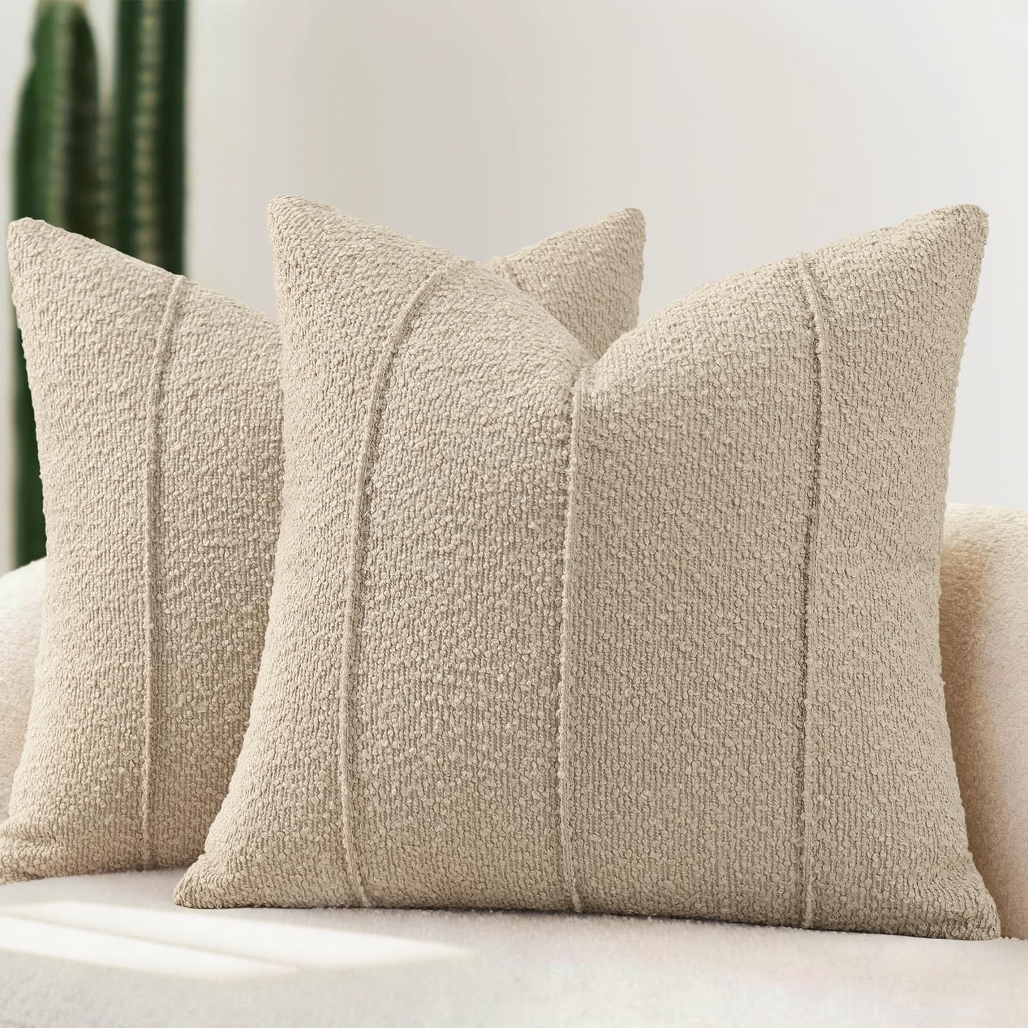 YCOLL Textured Boucle Throw Pillow Covers 24x24 Pack of 2 - Soft Neutral Striped Cushion Covers, Cozy Accent Decorative Pillow Covers for Couch, Sofa, Bed, Living Room (Beige)