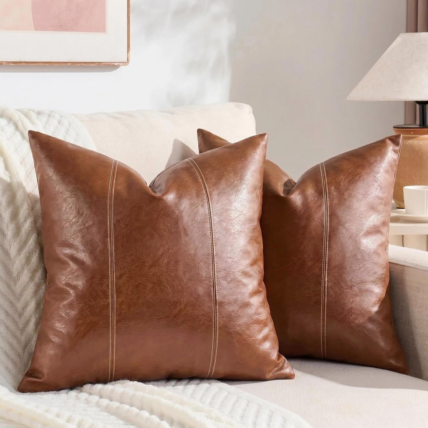 Fancy Homi 2 Packs Brown Boho Long Lumbar Faux Leather Body Decorative Throw Pillow Cover 14x36 Inch for Bedroom Couch Bed Bench, Hand Stitched Stylish Pillowcase, Rustic Modern Farmhouse Room Decor