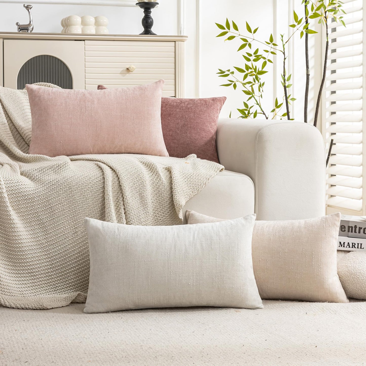 Set of 4 Soft Textured Decorative Throw Pillow Covers 24x24 Inch Cozy Farmhouse Cushion Cover Square Accent Pillow Cases for Bed Couch Sofa Living Room, Neutral
