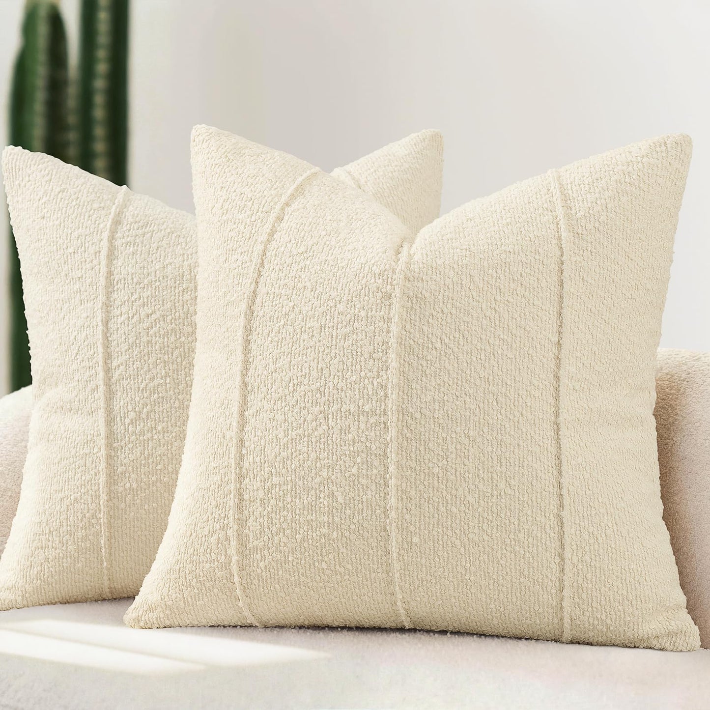 YCOLL Textured Boucle Throw Pillow Covers 24x24 Pack of 2 - Soft Neutral Striped Cushion Covers, Cozy Accent Decorative Pillow Covers for Couch, Sofa, Bed, Living Room (Beige)