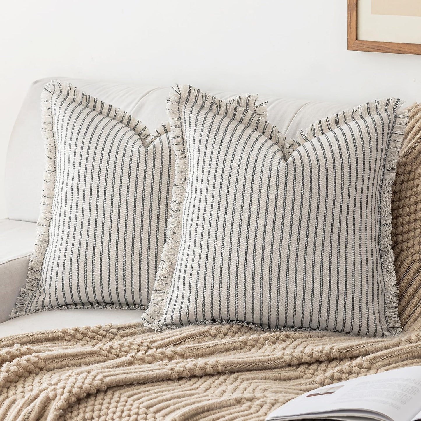 YEENAASY Throw Pillow Covers 22x22 Set of 2 Striped Fringe Pillow Cover Farmhouse Cushion Covers with Tassel Neutral Boho Pillows Decorative Square Pillowcase for Couch Sofa Bed, Khaki
