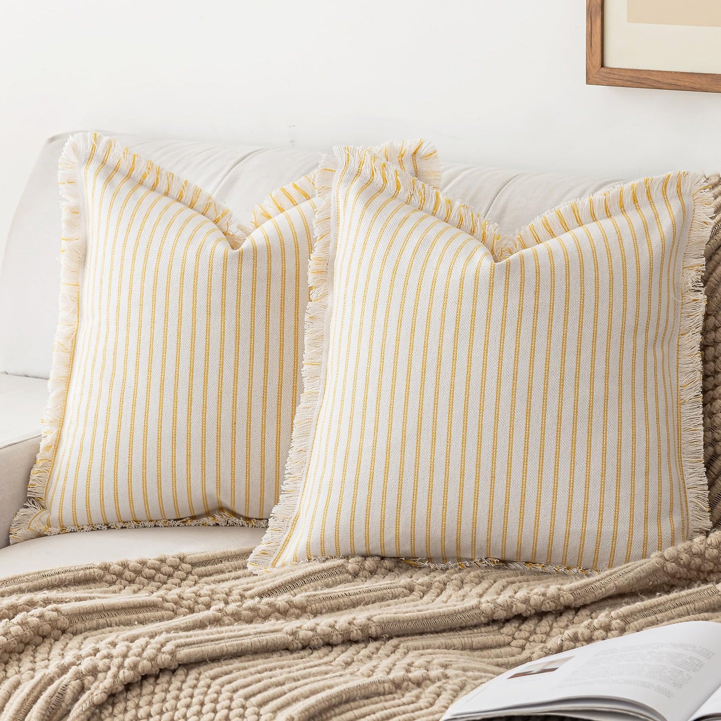 YEENAASY Throw Pillow Covers 22x22 Set of 2 Striped Fringe Pillow Cover Farmhouse Cushion Covers with Tassel Neutral Boho Pillows Decorative Square Pillowcase for Couch Sofa Bed, Khaki