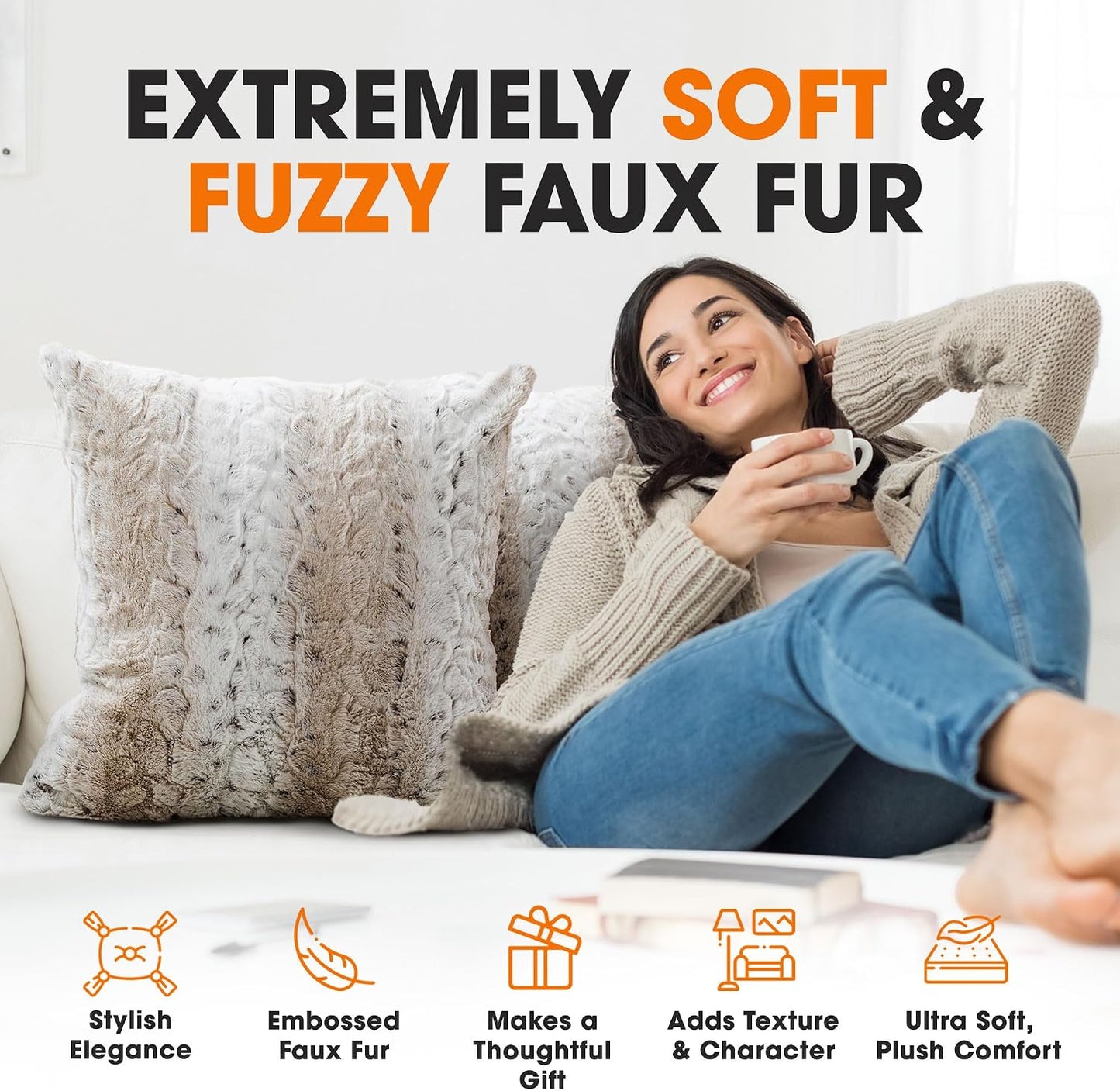 Cheer Collection Faux Fur Throw Pillows with Inserts – Set of 2 Decorative Square Couch Pillows, 18” x 18” Snow Leopard Embossed Ombre Design for Sofa, Bed & Living Room Decor
