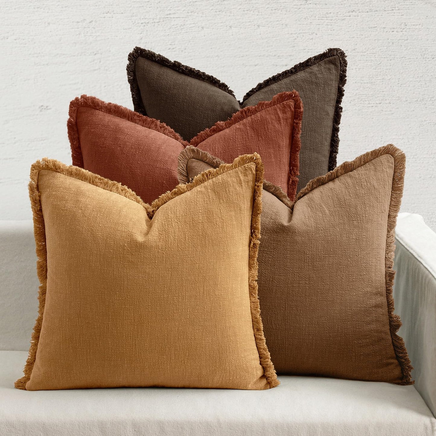 MIULEE Decorative Couch Pillow Covers Neutral Linen Fringe Throw Pillows Set of 4 Soft Rustic Cushions Boho Farmhouse Pillowcases for Bed Sofa Living Room Spring Decor 18x18 Inch Beige/Brown/Green