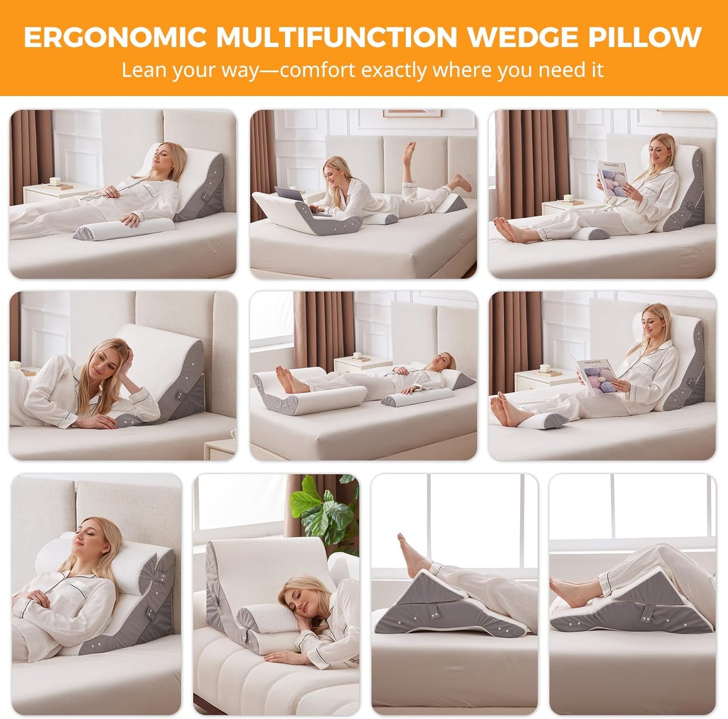 Ruqmuis 3PCS Wedge Pillow Set for After Surgery, Adjustable Back Pillow for Bed Sitting up, Acid Reflux, Bed Wedge Pillow Headboard for Sleeping & Snoring, Orthopedic Pillow for Post Surgery, White