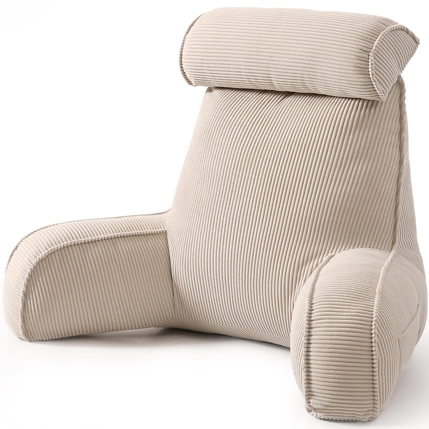 Reading Pillow for Sitting Up in Bed, Corduroy Backrest Pillow with Arms, Side Pocket & Washable Cover, Bed Rest Pillow Back Support for Adults, Beige Gray