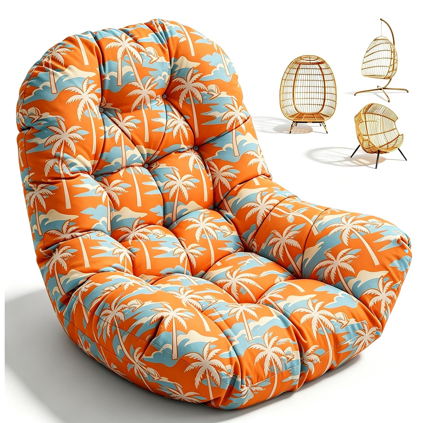 Waterproof Egg Chair Cushion Replacement Outdoor Hanging Egg Couch Cushion 47x35x7 Inches Thicken Chair Cushions with Ties, Blue Leaf