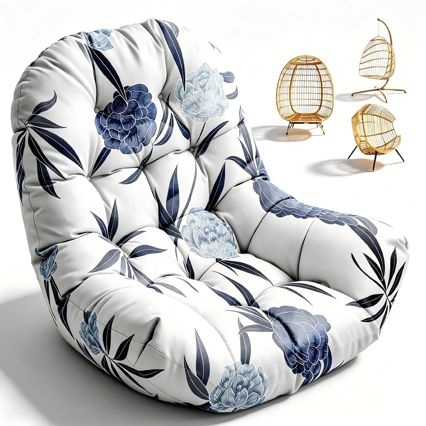 Waterproof Egg Chair Cushion Replacement Outdoor Hanging Egg Couch Cushion 47x35x7 Inches Thicken Chair Cushions with Ties, Blue Leaf
