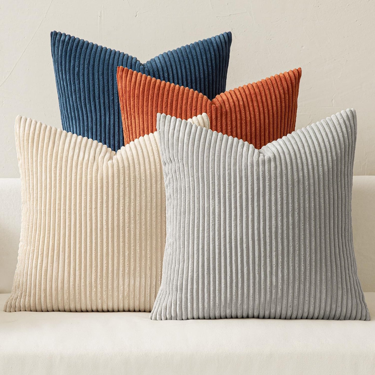 MIULEE Pack of 4 Blue-Orange Corduroy Decorative Throw Pillow Covers 18x18 Inch Soft Boho Striped Pillow Covers Modern Farmhouse Home Decor for Summer Sofa Living Room Couch Bed