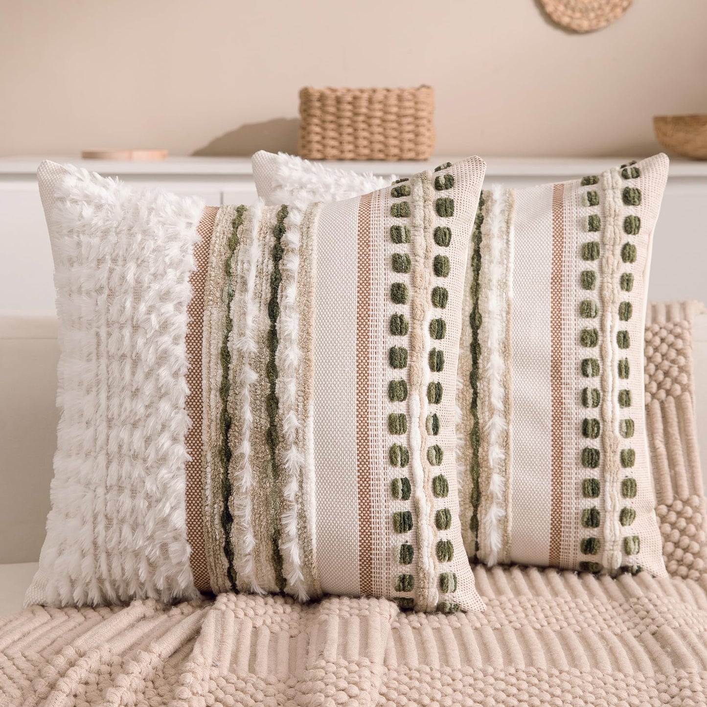 Boho Farmhouse Striped Neutral Decorative Throw Pillow Covers Set of 2
