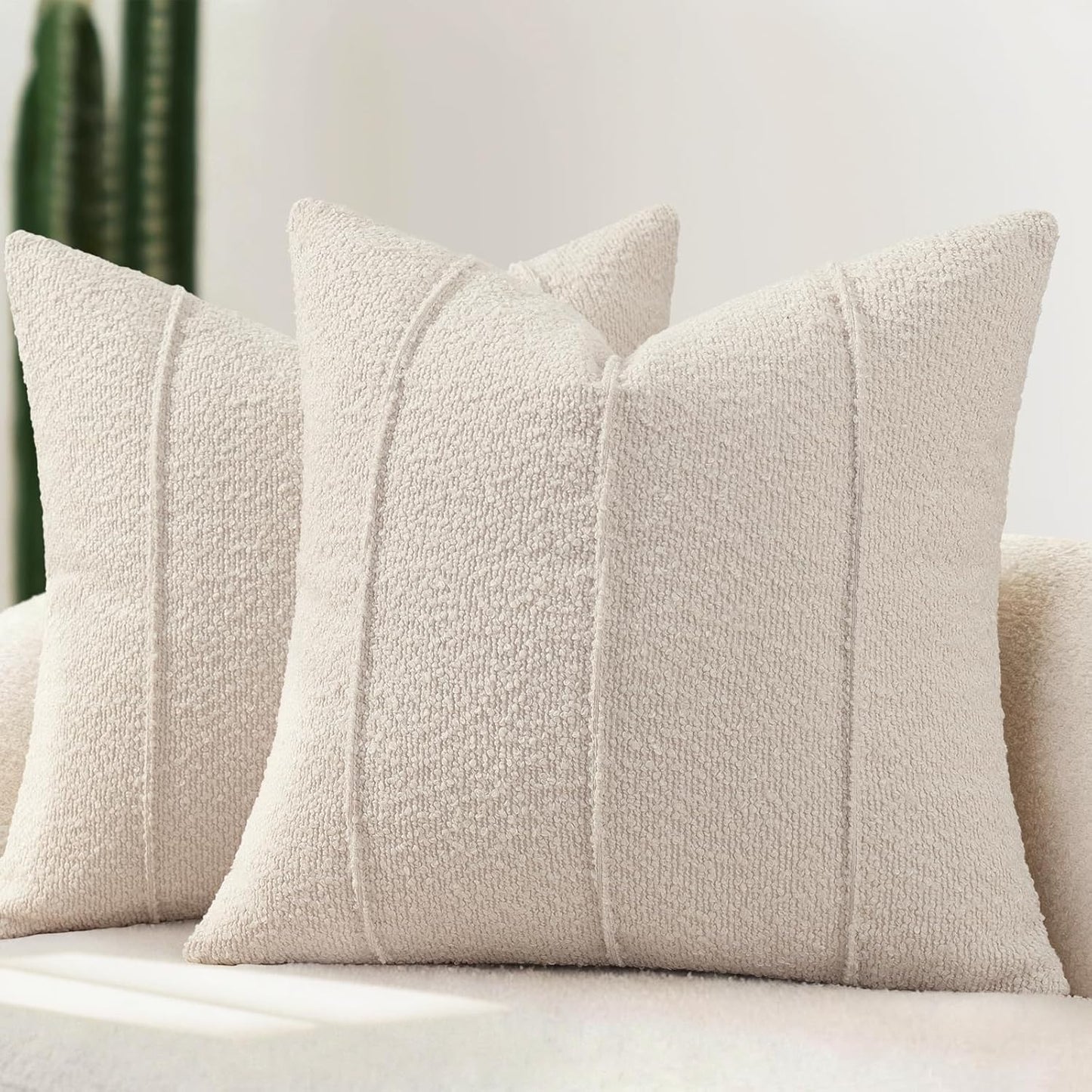 YCOLL Textured Boucle Throw Pillow Covers 24x24 Pack of 2 - Soft Neutral Striped Cushion Covers, Cozy Accent Decorative Pillow Covers for Couch, Sofa, Bed, Living Room (Beige)