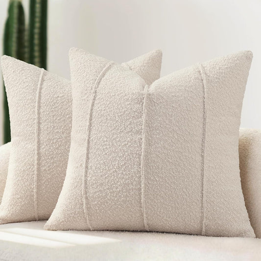 YCOLL Textured Boucle Throw Pillow Covers 24x24 Pack of 2 - Soft Neutral Striped Cushion Covers, Cozy Accent Decorative Pillow Covers for Couch, Sofa, Bed, Living Room (Beige)