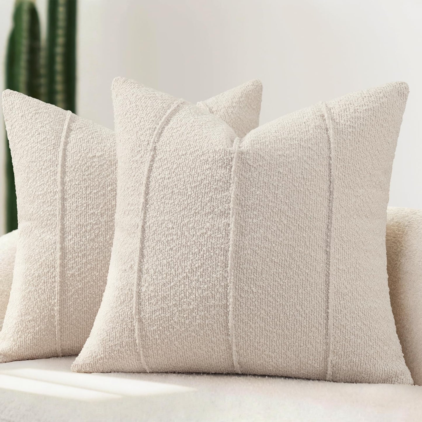 YCOLL Textured Boucle Throw Pillow Covers 24x24 Pack of 2 - Soft Neutral Striped Cushion Covers, Cozy Accent Decorative Pillow Covers for Couch, Sofa, Bed, Living Room (Beige)