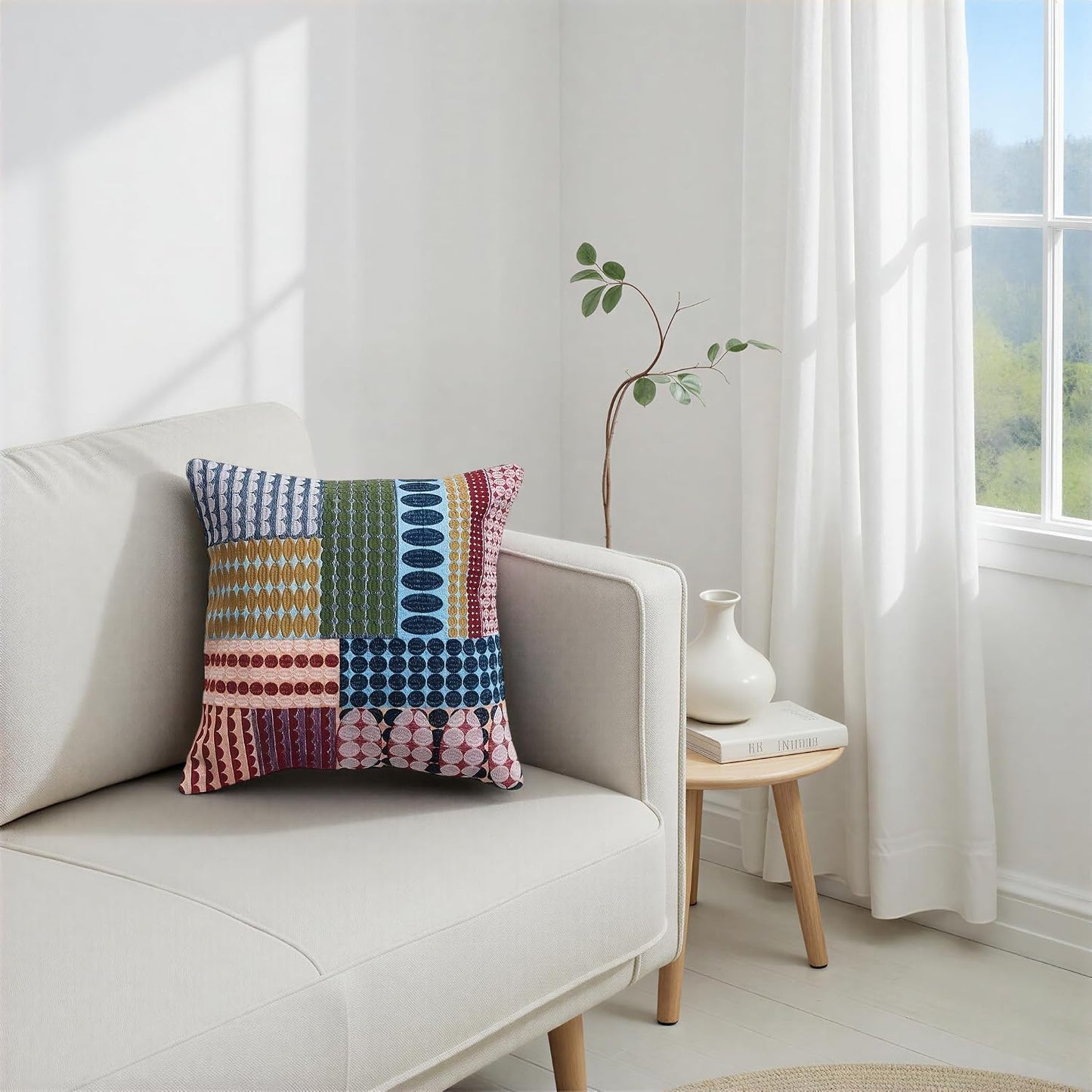 Creative Co-Op Square Woven Fabric Indoor/Outdoor Pillow with Embroidered Ovals and Circles Patterns, Multicolor