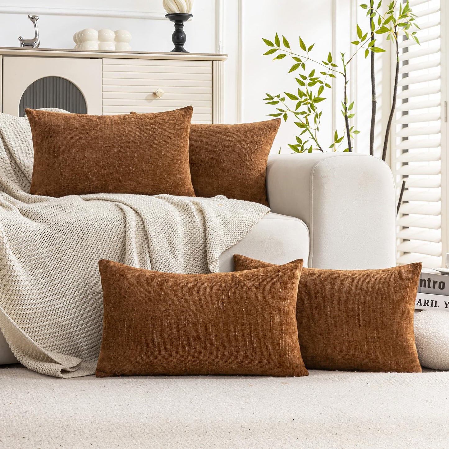 Set of 4 Soft Textured Decorative Throw Pillow Covers 24x24 Inch Cozy Farmhouse Cushion Cover Square Accent Pillow Cases for Bed Couch Sofa Living Room, Neutral